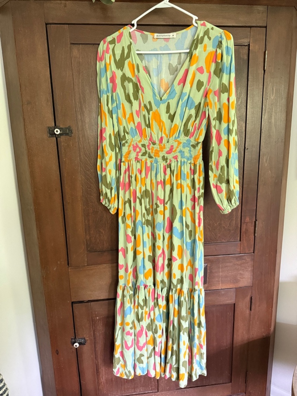Smocked-Waist V-Neck Maxi Dress in Multi Color
